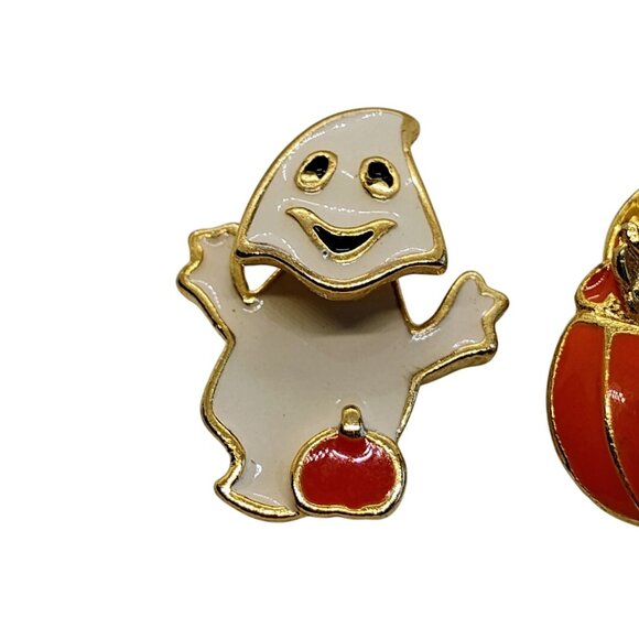 Vtg Lot of 2 Enamel Halloween Ghost & Pumpkin Pins - Picture 3 of 7
